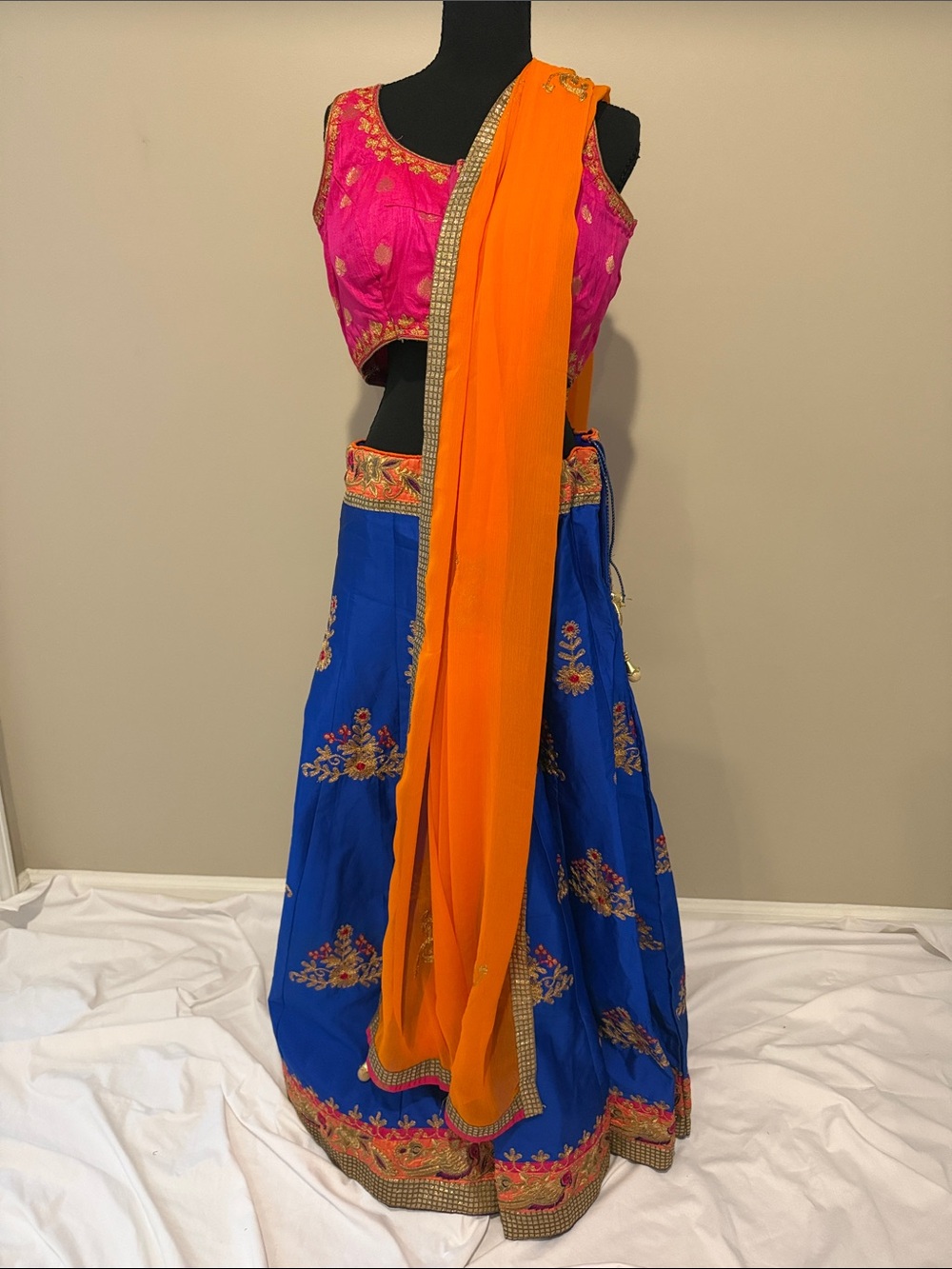 Bright Pure Silk Blue Embroidered Lehenga Skirt with Orange Dupatta